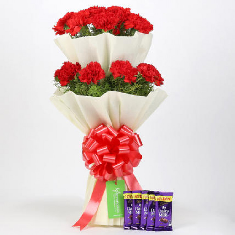 20 Red Carnations Bouquet & Cadbury Dairy Milk 