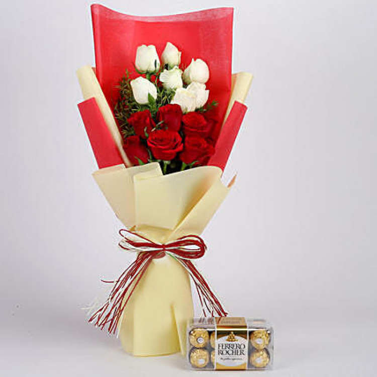 Ferrero Rocher Box with Red & White Roses